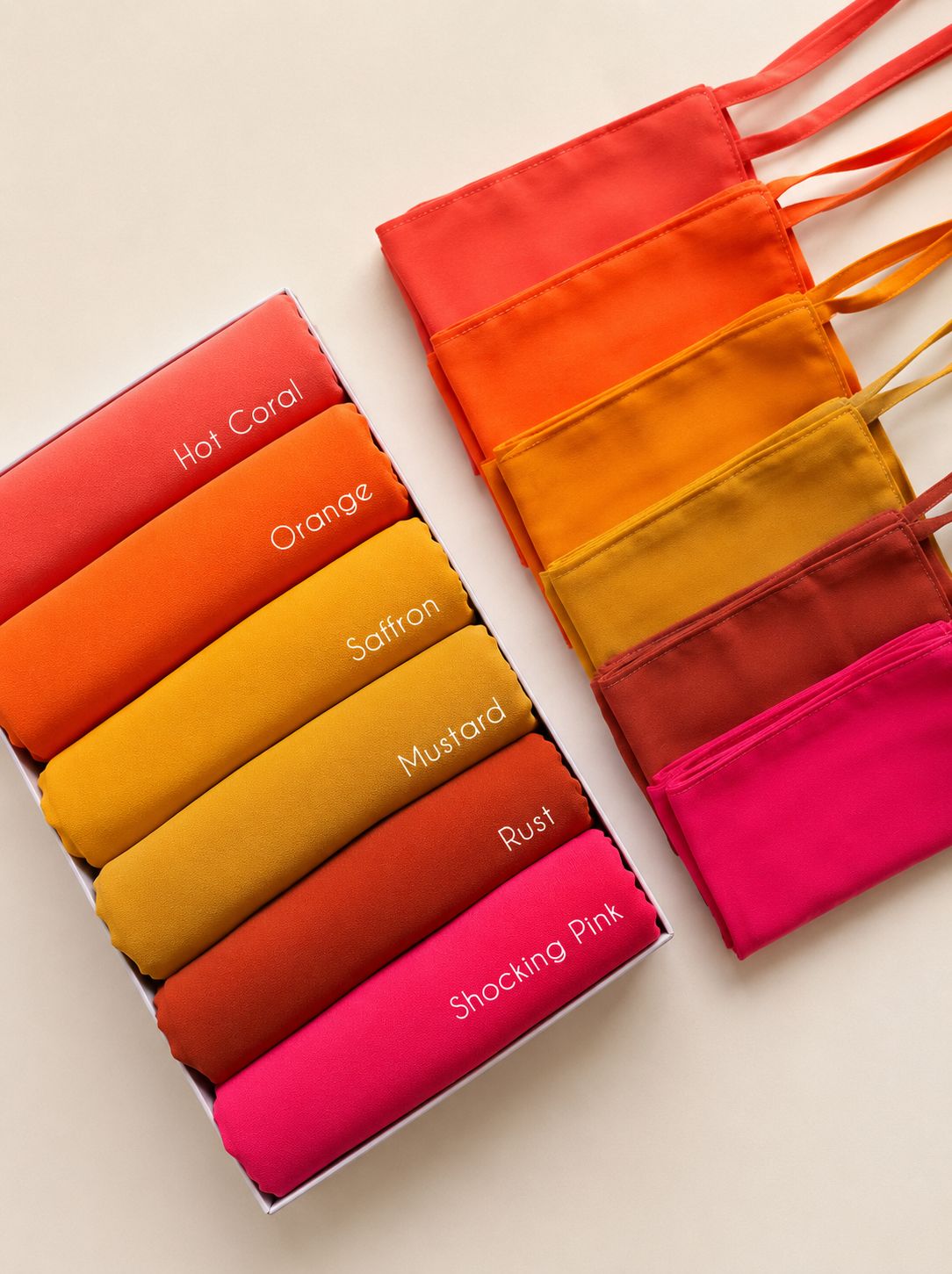 Chiffon georgette hijab niqab sets in Hot Coral, Orange, Saffron, Mustard, Rust and Shocking Pink
