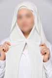 White instant chiffon georgette hijab with attached tube band and built-in magnet for effortless everyday styling.