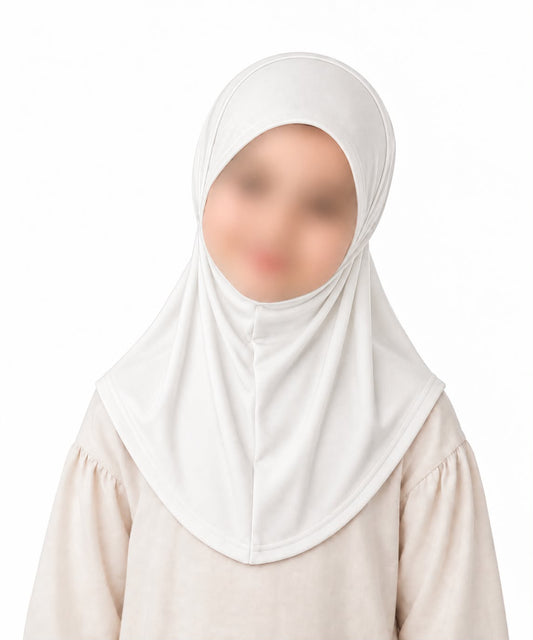 White kids jersey hijab scarf for girls age 5-9 years in Pakistan with soft breathable jersey fabric and modest coverage