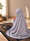 Aynn Alif white Kids Namaz Chaadar with purple floral print, soft lawn fabric, elastic sleeves and under-chin fit, designed for children aged 5–9.