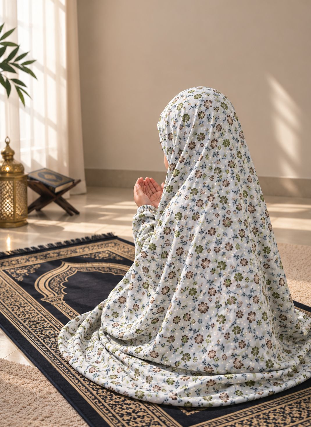 Aynn Alif white floral Kids Namaz Chaadar with green and brown flowers, soft lawn fabric, elastic sleeves and under-chin fit for children aged 5–9.