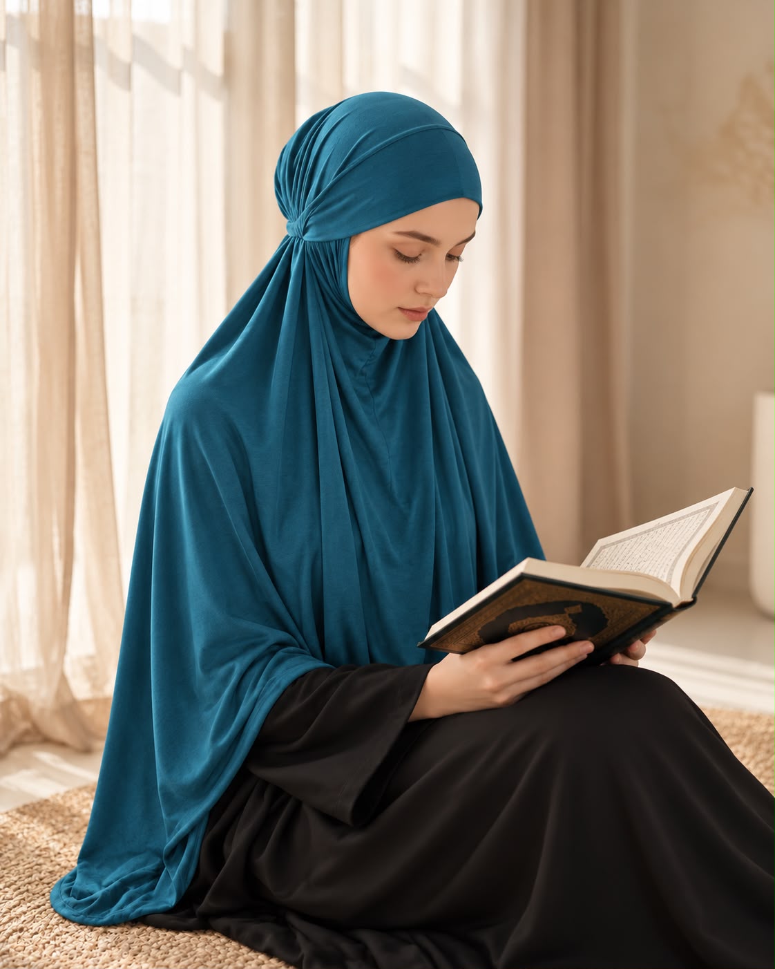 Aynn Alif Zinc Blue Jersey Adult Makhna / Ehram with adjustable elastic face opening, free-size sleeveless design for Namaz, Hajj and Umrah.