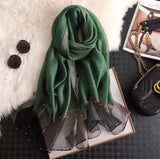 Bottle green khaadi silk hijab with black organza border and golden pearl studs