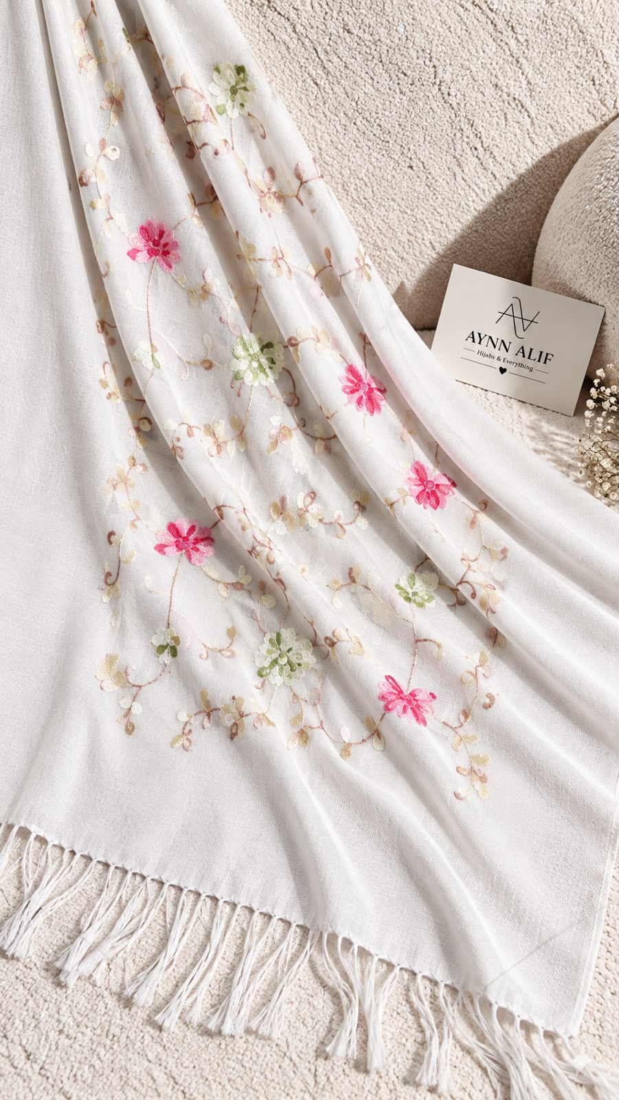 Pearl White Cashmere Embroidered Hijab with Sequins