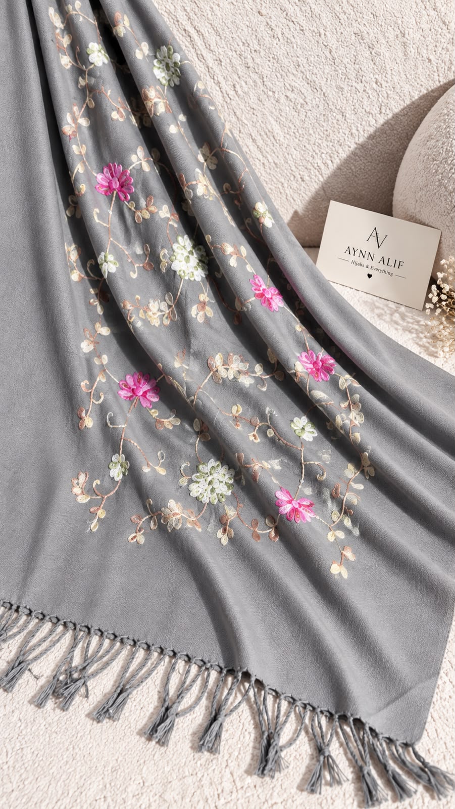 Silver Grey Cashmere Embroidered Hijab with Sequins