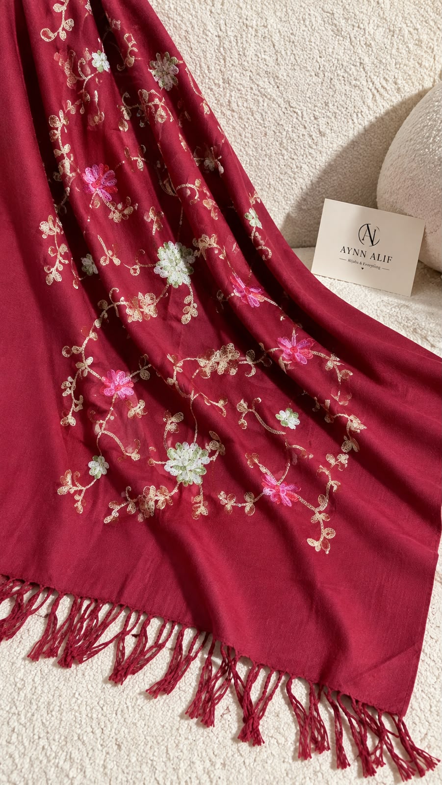 Berry Red Cashmere Embroidered Hijab with Sequins