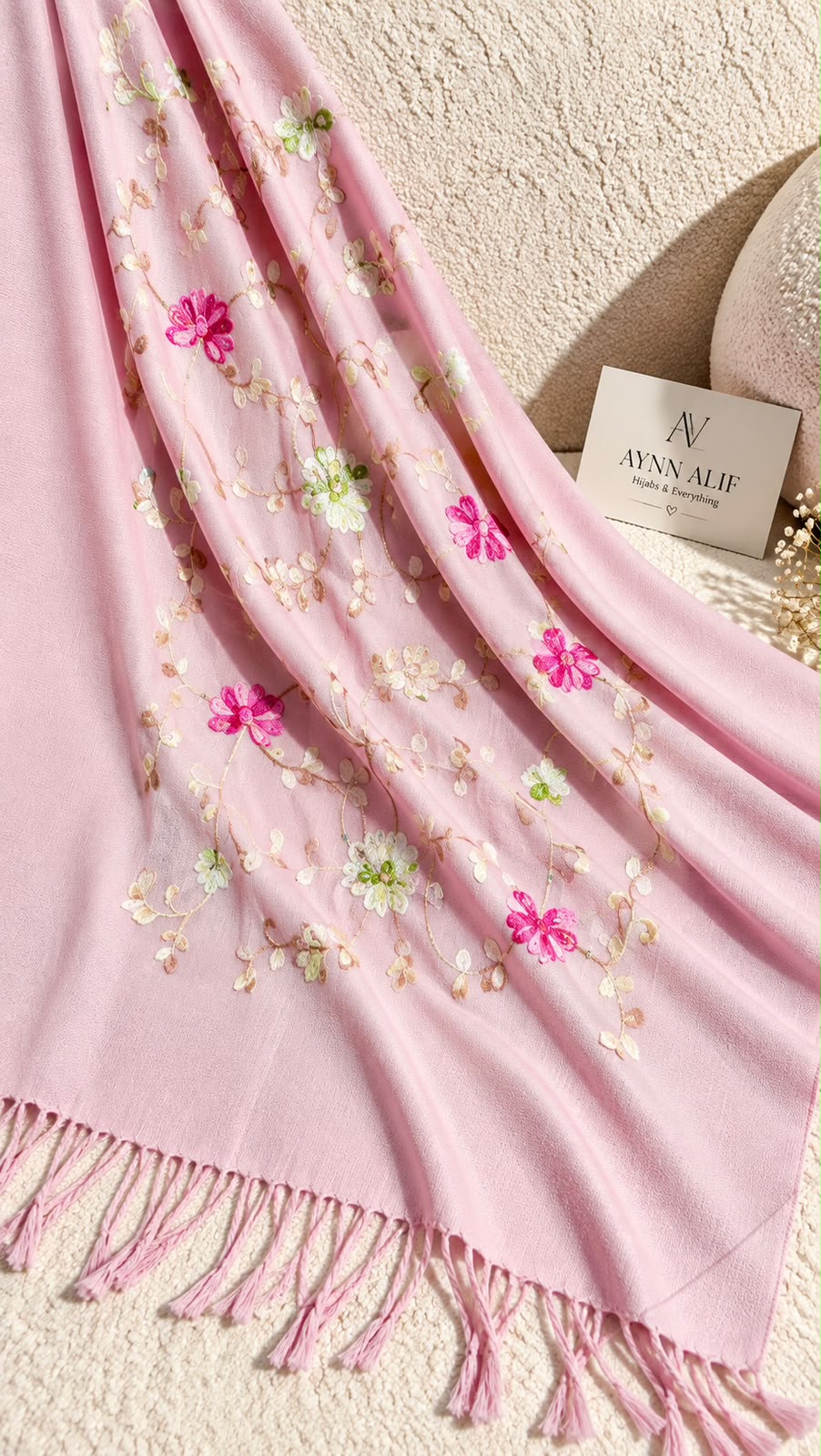 Blush Pink Cashmere Embroidered Hijab with Sequins