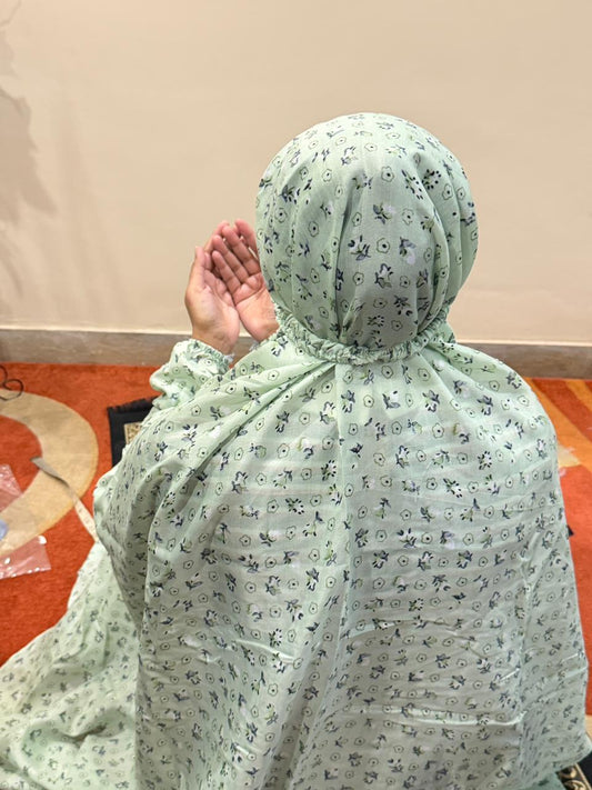 Mint green floral namaz chaadar lightweight breathable modest prayer chadar full coverage women Pakistan