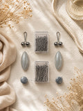 Grey 8-in-1 hijab pins kit with hijab magnets, glider pins, safety pins, and matching hijab pin boxes for secure and stylish hijab styling in Pakistan