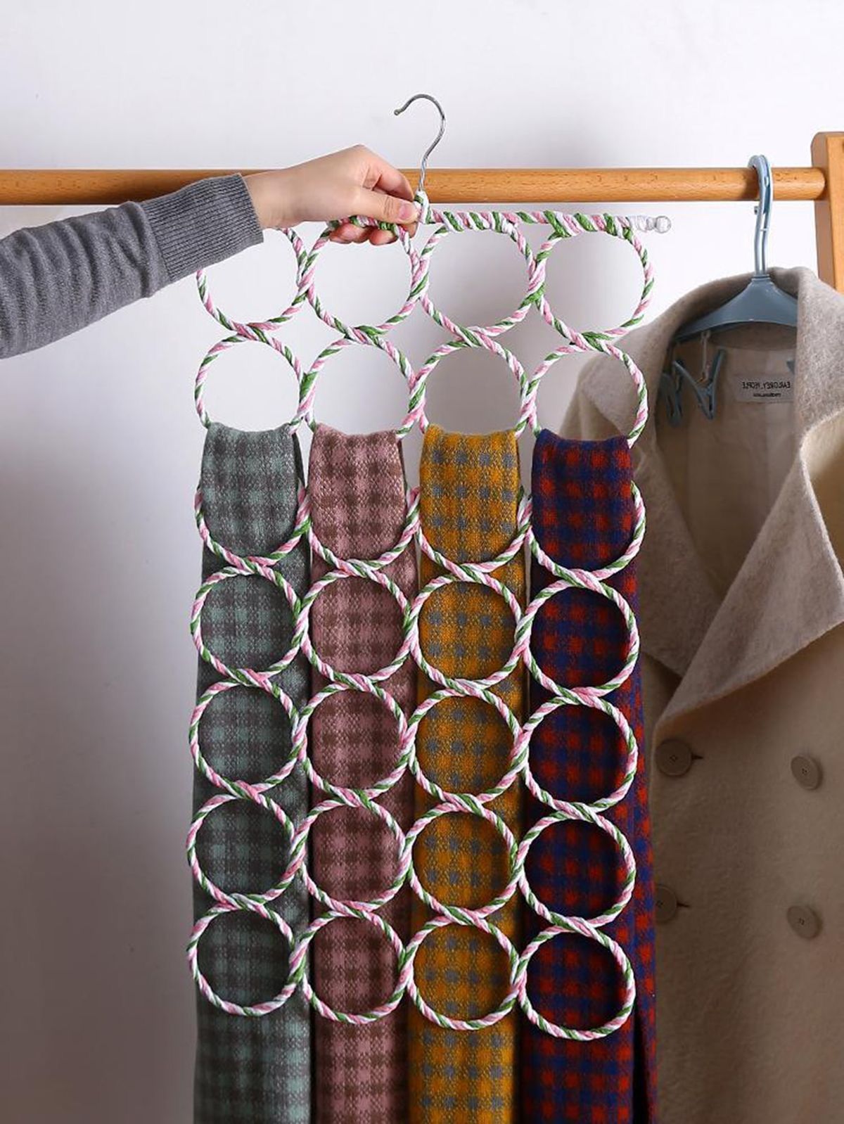 Durable hijab hanger with 28 rings for scarf storage and wardrobe organization