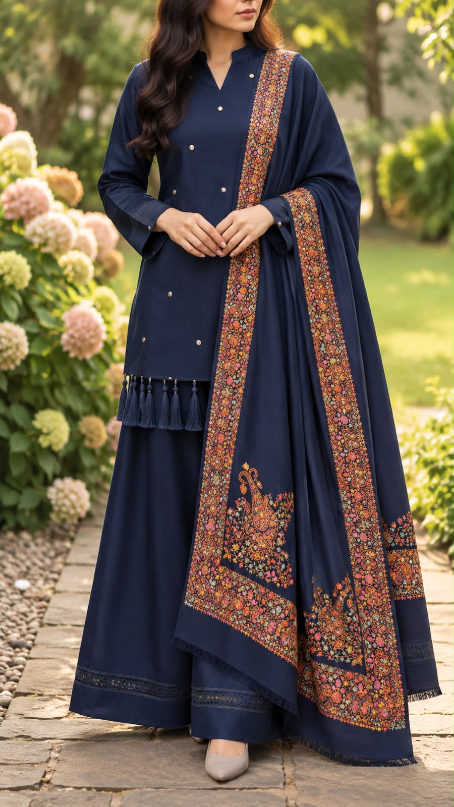 Block Printed Pashmina Shawl with Hand Embroidery
