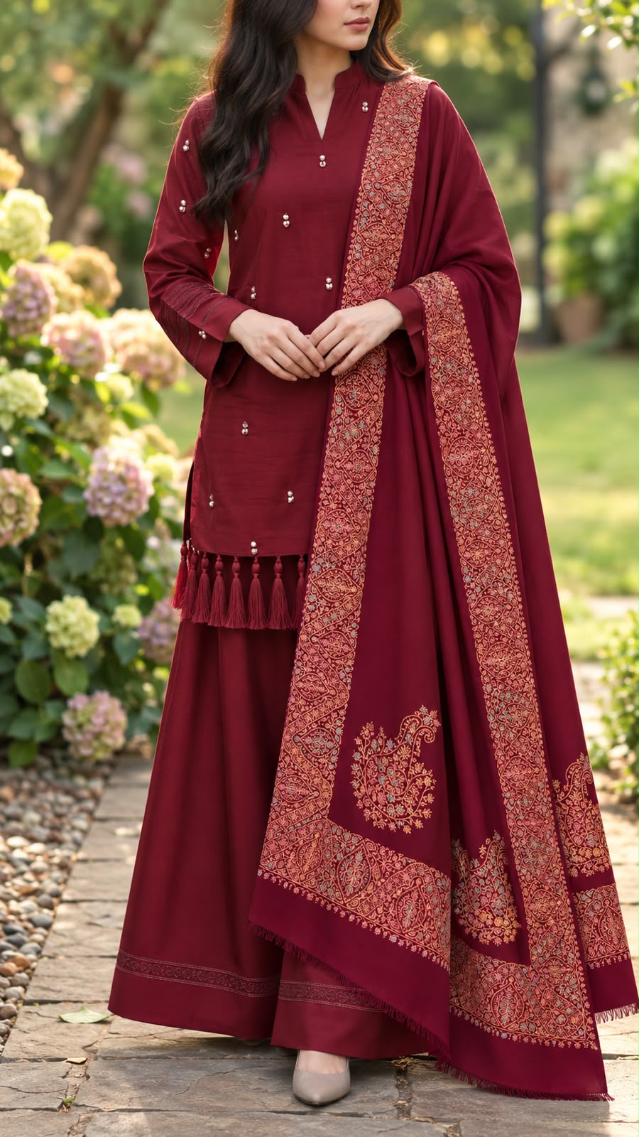 Berry Red Block Printed Pashmina Shawl with Hand Embroidery