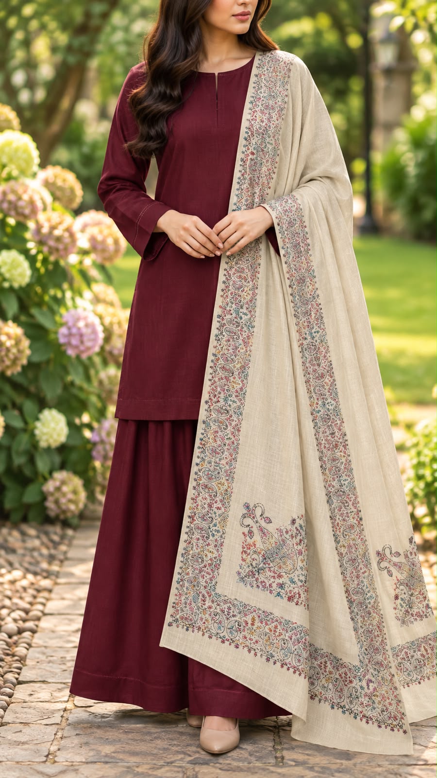 Beige Block Printed Pashmina Shawl with Hand Embroidery