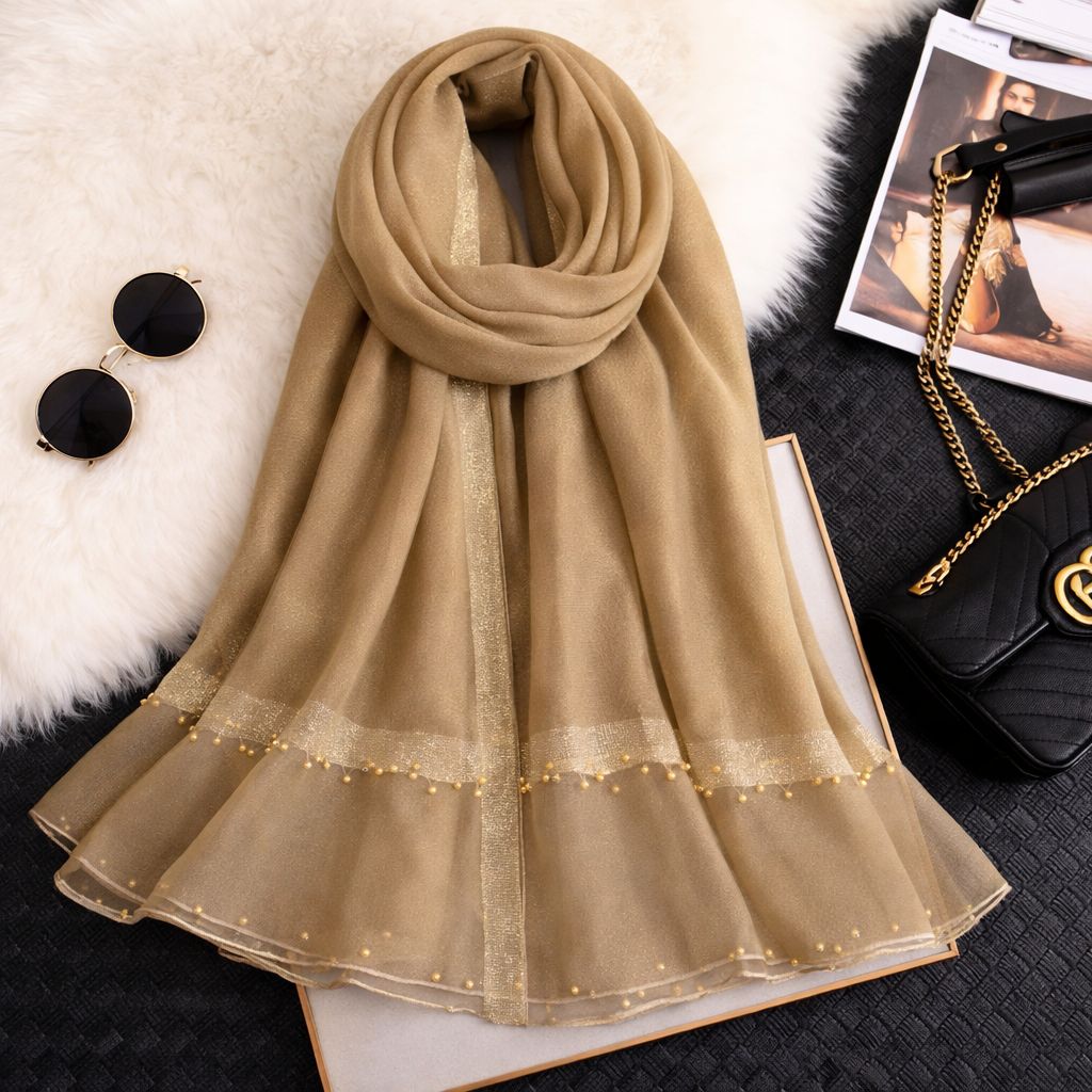 Khaaki khaadi silk hijab with organza border and pearl detailing