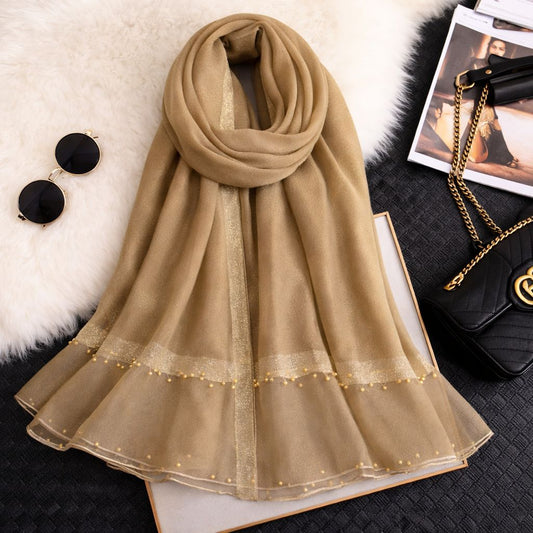 Khaaki khaadi silk hijab with organza border and pearl detailing