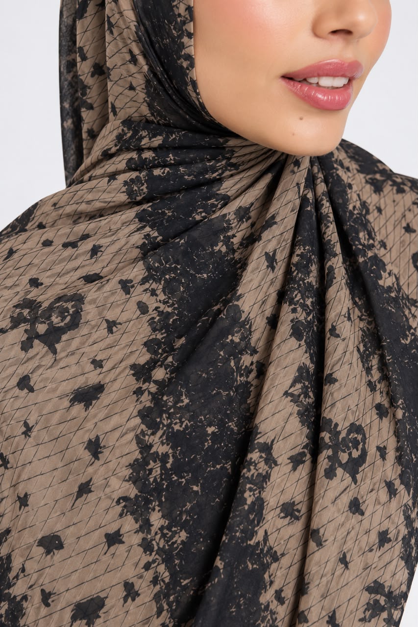 Taupe Black Floral Lattice Print Modal Lawn Hijab