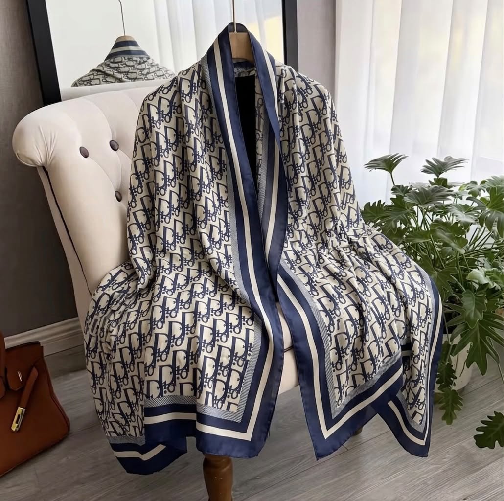 Branded Navy Ivory Signature Silk Scarf
