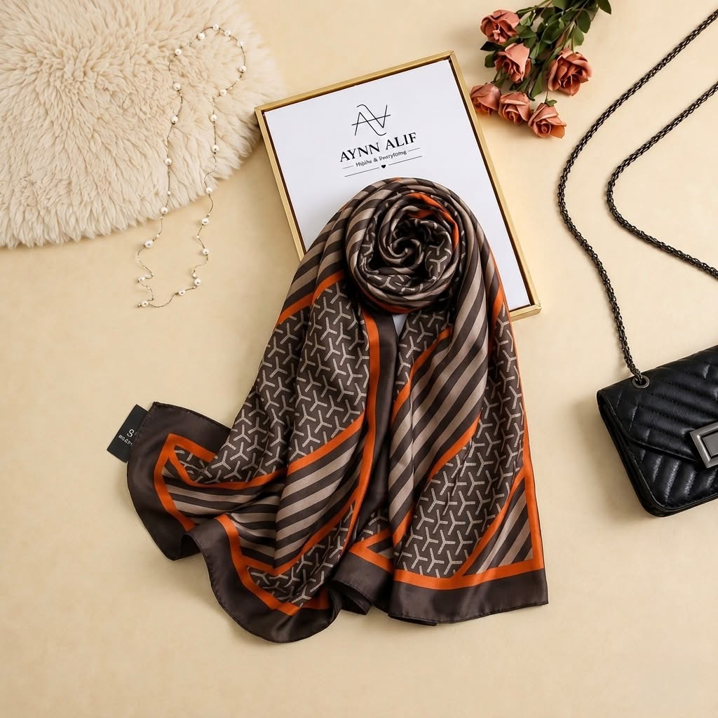 Amber Noir Geometric Printed Silk Scarf