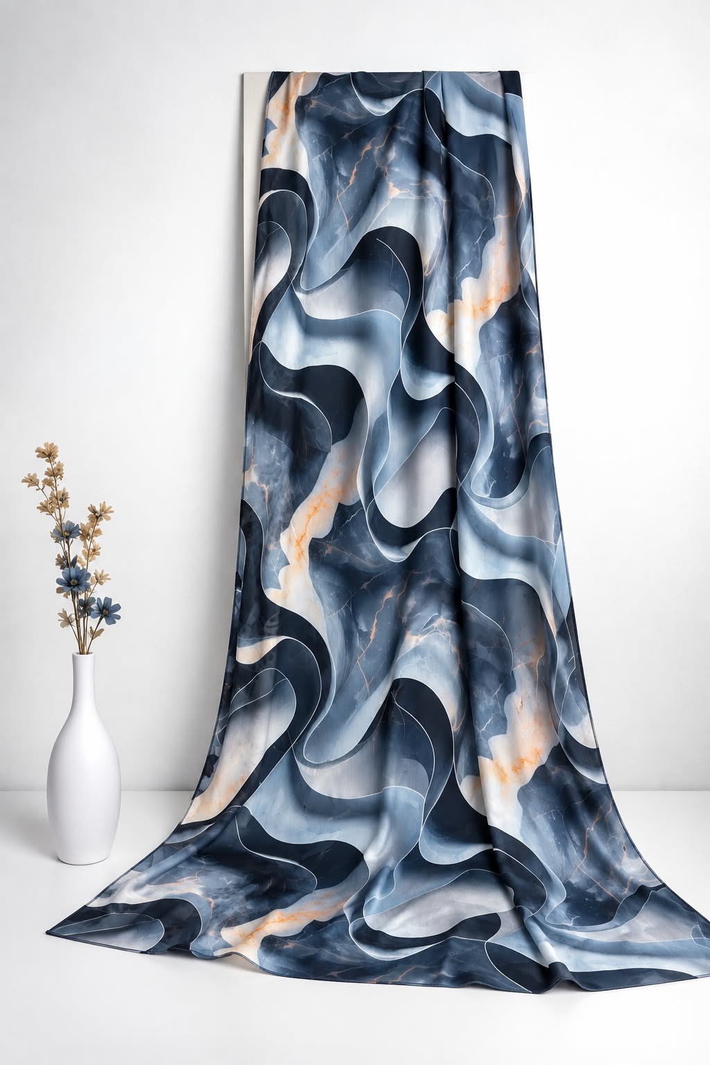 Midnight Waves Printed Sheen Silk Hijab – Navy Blue & Powder Blue