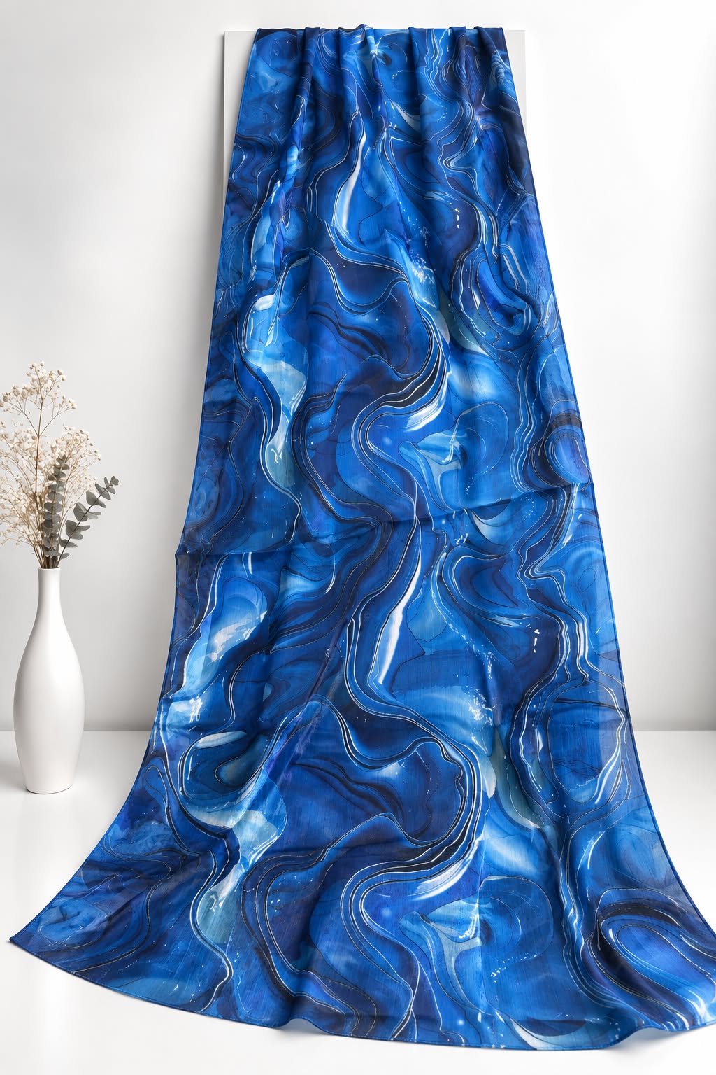 Sapphire Waves Printed Sheen Silk Hijab – Royal Blue