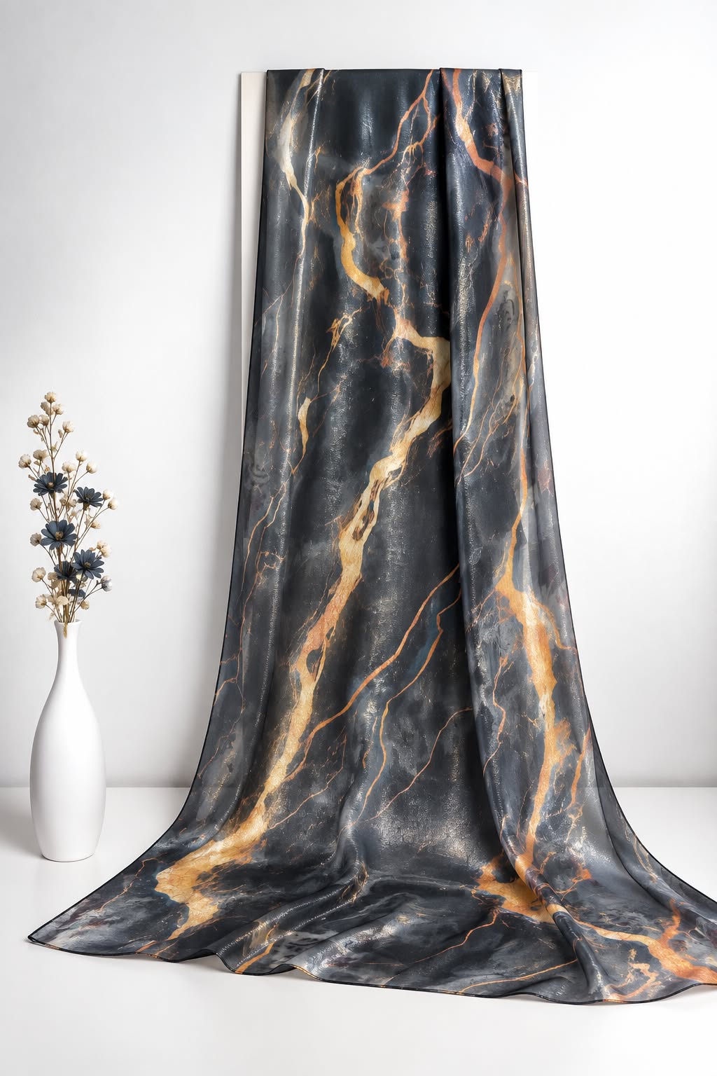 Midnight Gold Marble Printed Sheen Silk Hijab – Black & Charcoal
