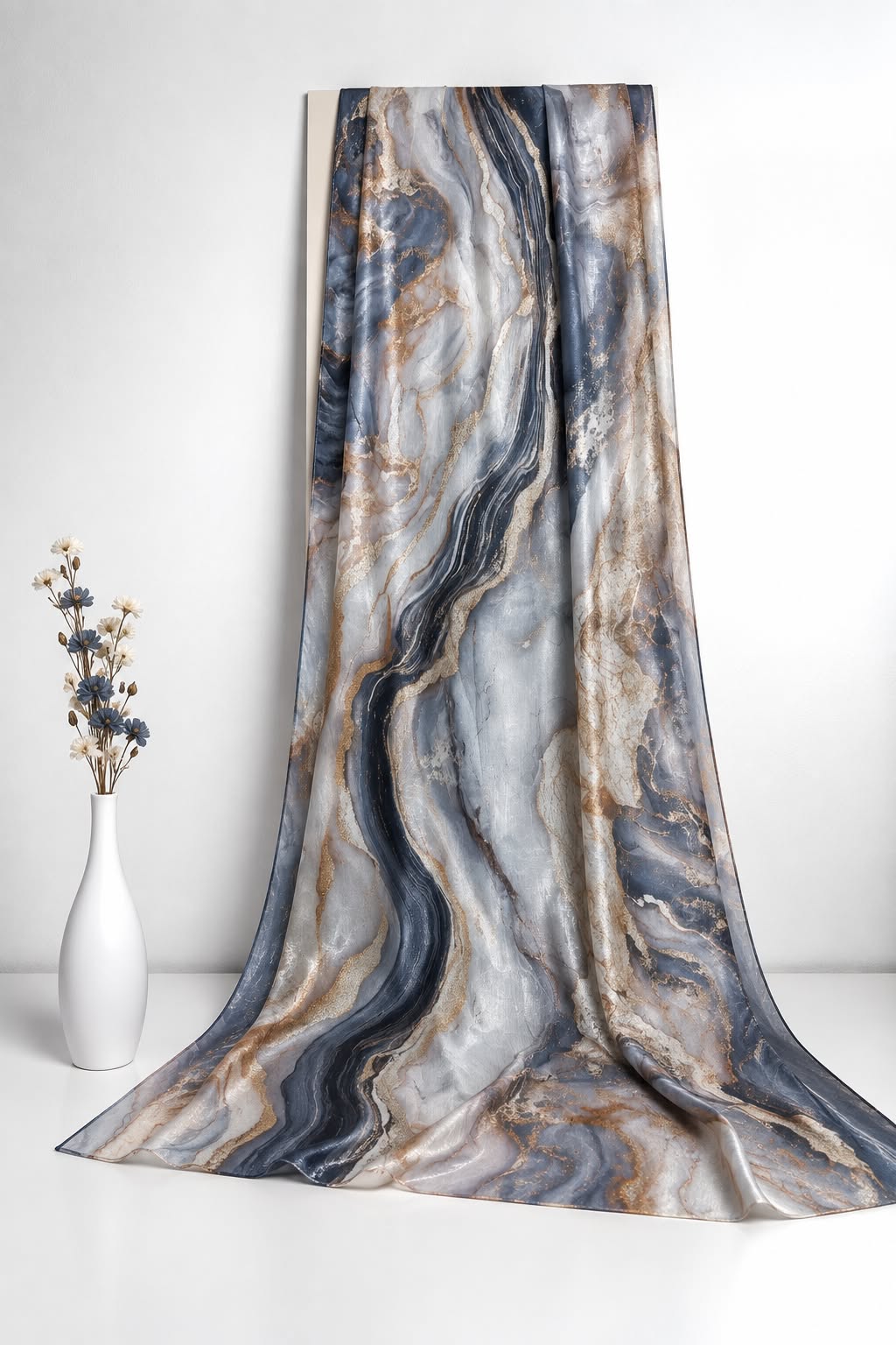 Celestial Marble Printed Sheen Silk Hijab – Steel Blue & Gold