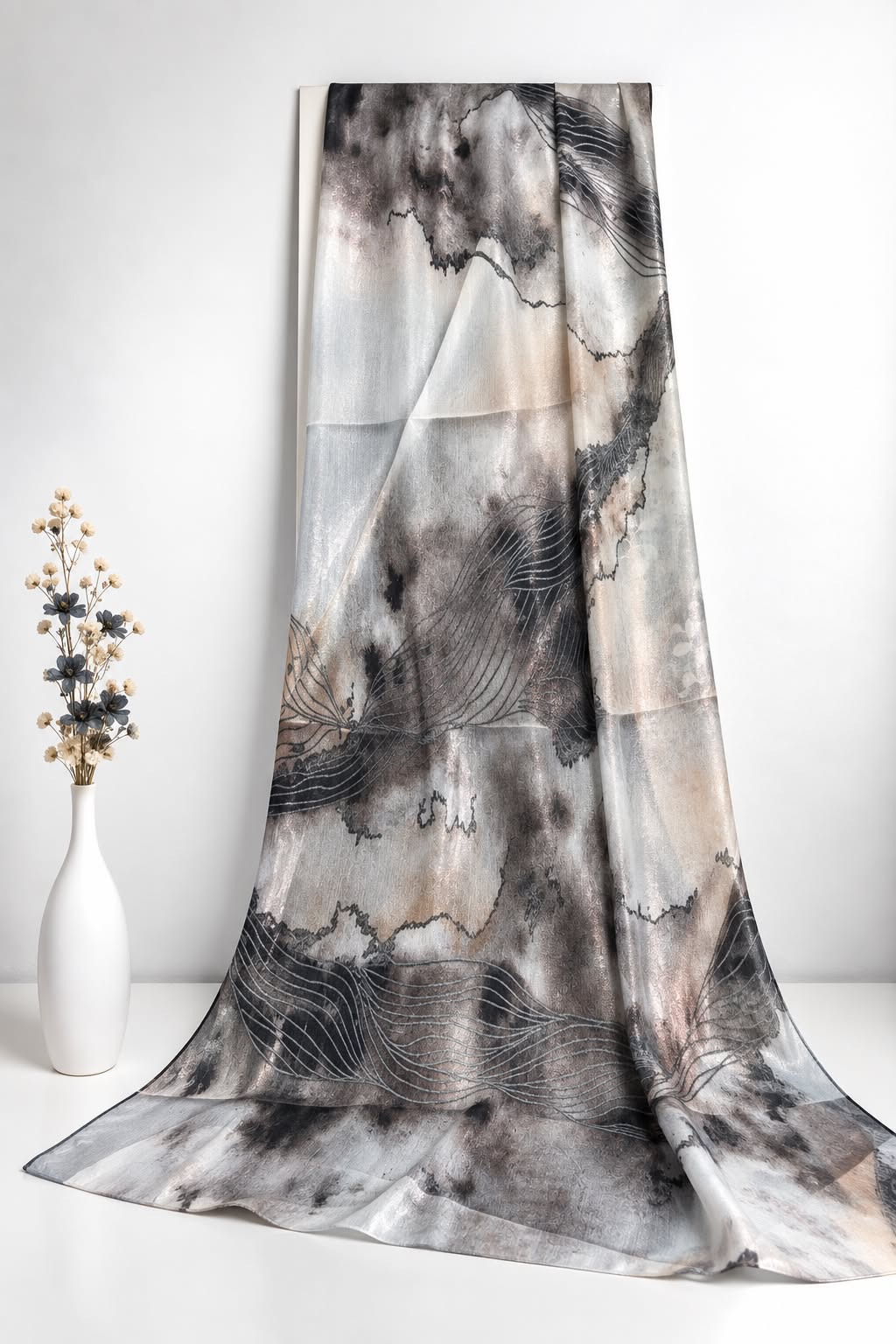 Silver Mist Printed Sheen Silk Hijab – Grey & Black