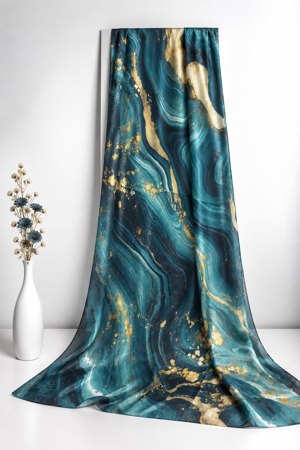 Oceanic Gold Printed Sheen Silk Hijab – Teal & Gold