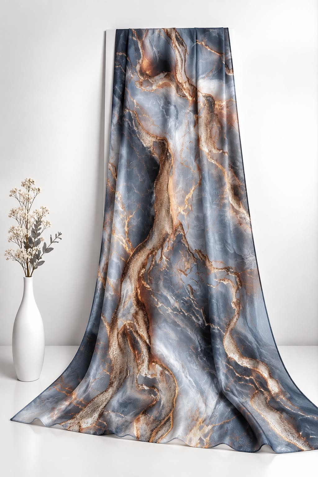 Champagne Marble Printed Sheen Silk Hijab – Slate Blue & Gold