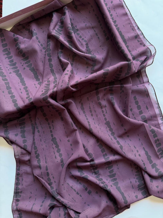 Purple chiffon georgette hijab with black tie dye pattern soft flowing fabric
