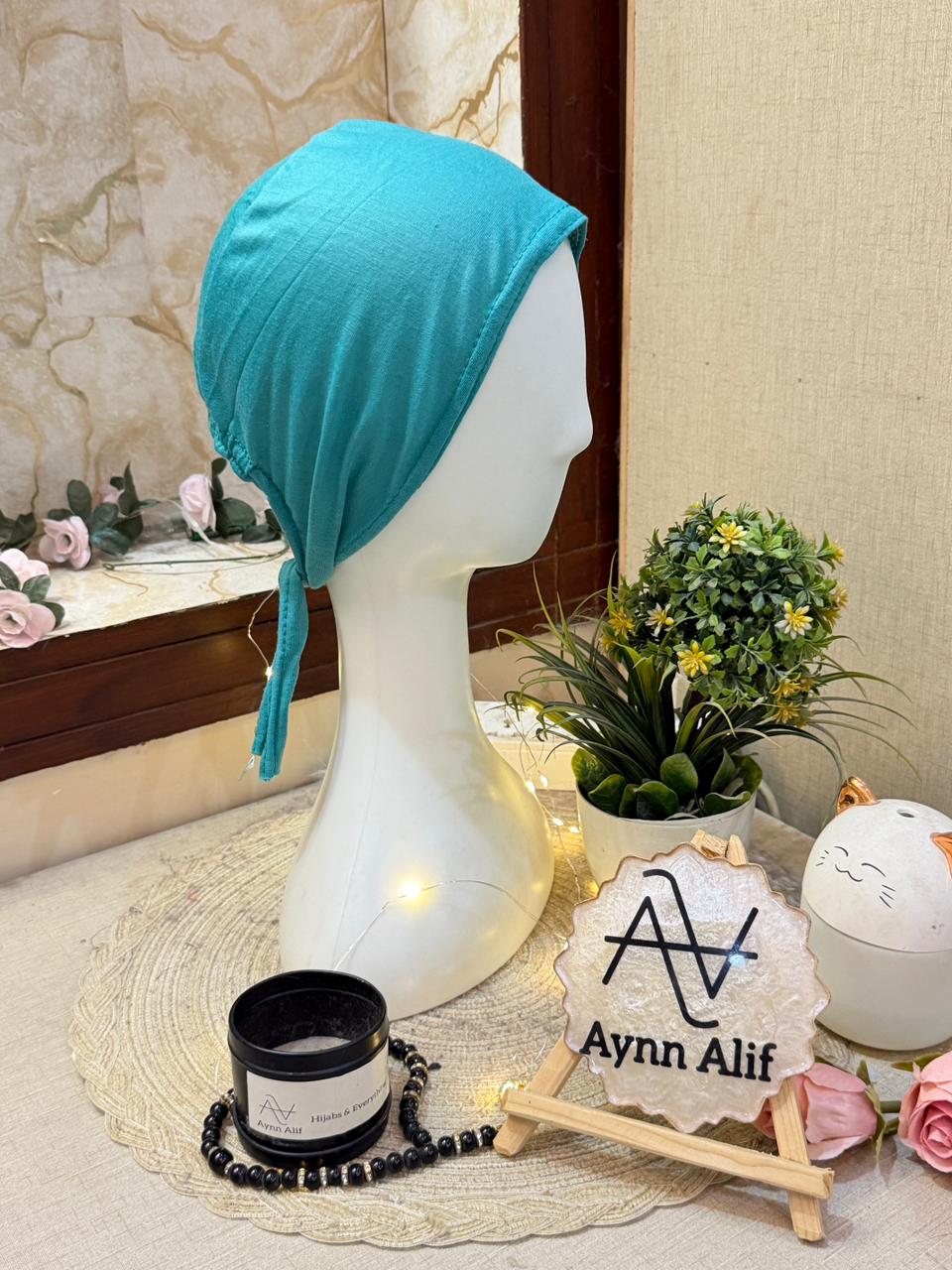 Turquoise plain tie back hijab cap modest underscarf breathable hijab undercap Aynn Alif