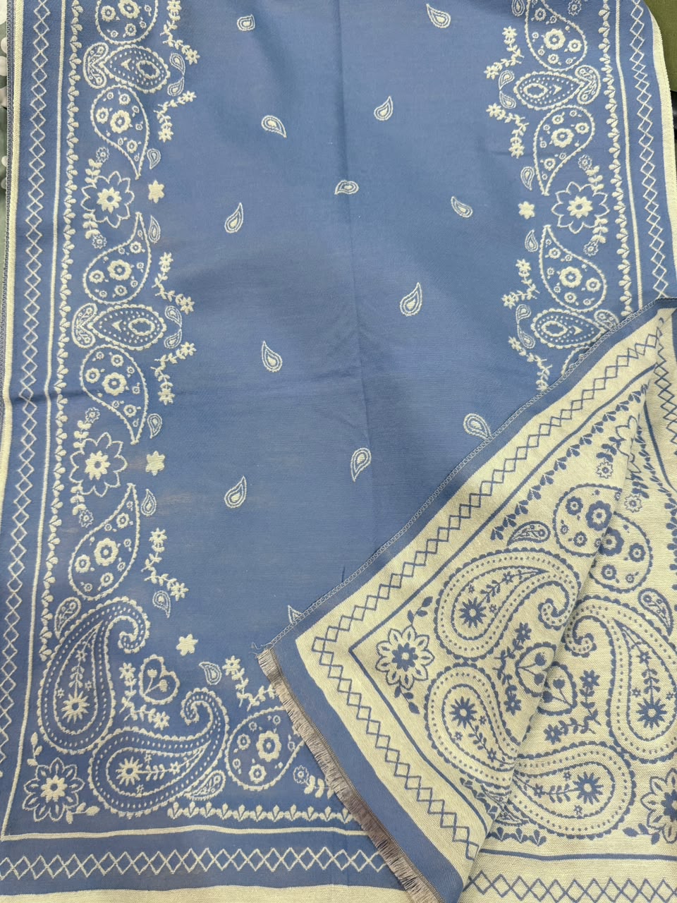 Powder Blue & Ivory Paisley Reversible Woolen Wrap