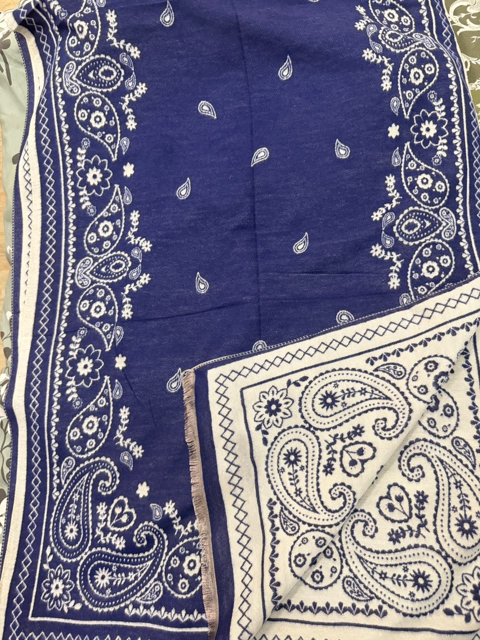 Navy Blue & Ivory Paisley Reversible Woolen Wrap