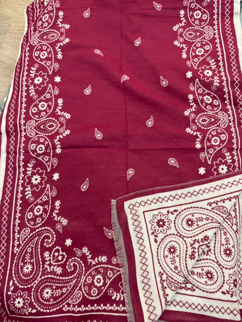 Maroon & Ivory Paisley Reversible Woolen Wrap